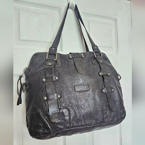 Tigha Black Leather Satchel Moto Rivet Large Laptop Bag